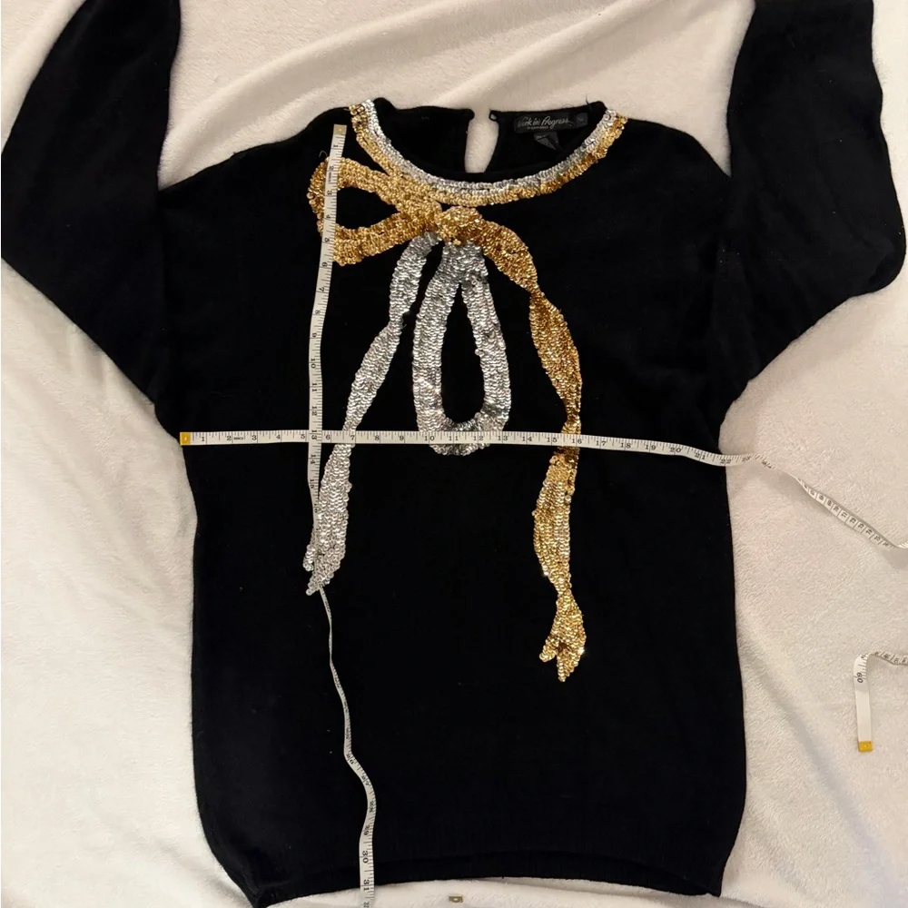 Vintage 80s Gladys Bagley Silk Angora Nylon Wool Blend Black Sequin Bow Sweater